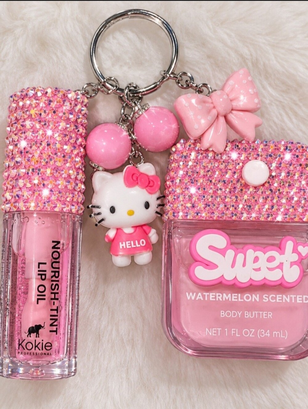 Hello Kitty Handmade Bedazzled Pink Self-Care Keychain Set
